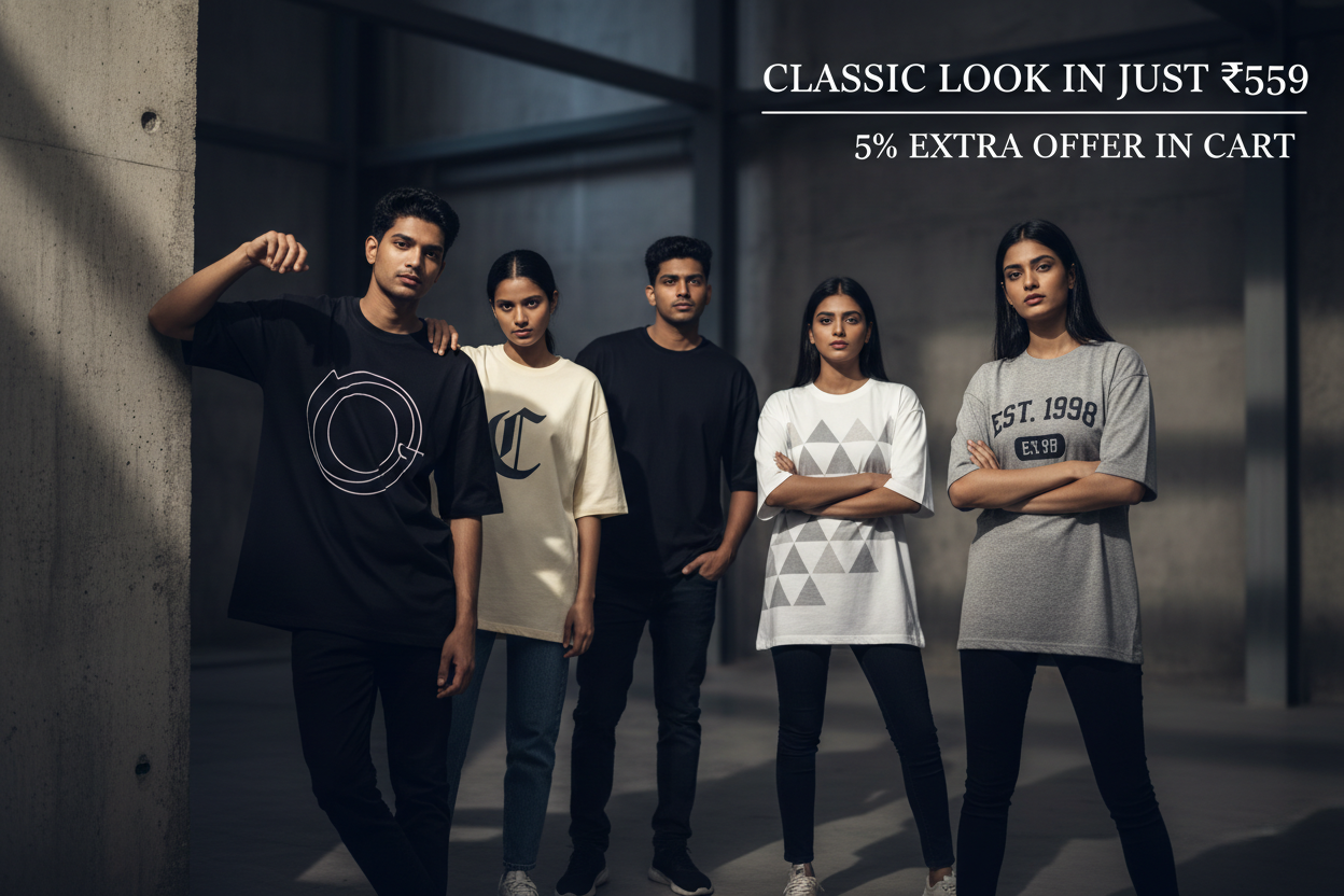 Do some minimal bold classic designss on their t shirts, also add a text = classic look in just 559₹, 5% extra offer in cart(make a good position for this text